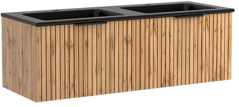 Lomadox Doppelwaschtisch 120cm, Waschbecken matt schwarz, Eiche mit gestreifter Front