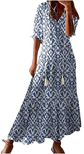 Women's Summer Dress V Neck Boho Maxi Dresses Casual Half Sleeve Long Dress Bohemian Pleated Beach Dress Ladies Flowy Holiday Swing Loose Fit Dresses for Party Evening
