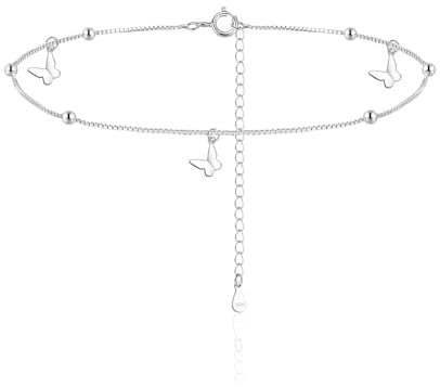 Zolkamery Tobilleras de plata para mujer, pulsera de plata de ley 925, tobilleras ajustables, joyería de verano para la playa, tobillera redonda de estrella de mar/mariposa, longitud 22 + 5 cm, 27 cm