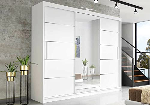 RAC3 Race to Road Stylish Bedroom Sliding Wardrobe with LED Light - Ample Storage Space and Sleek Design comes in White/Grey/Black/Oak and Width 150cm/180cm/203cm/250cm (White, 250cm)