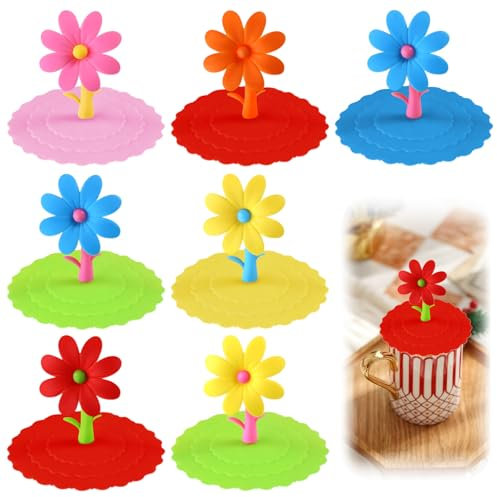 7PCS Cup Covers for Drinks, Silicone Lids, Silicone Cup Lids Set, Silicone Glass Cup Covers, Silicone Elastic Cover, Silicone Coffee Cup Lid, Reusable Drink Covers Anti Spike, for Tea Beer Wine Glass