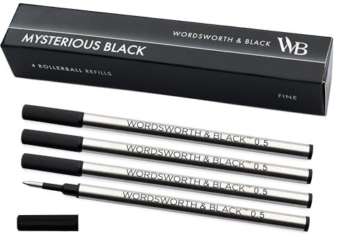 Wordsworth and Black Rollerball Stift Nachfüllungen [Schwarz], Set mit 4, Austauschbare Nachfüllungen - Feine Spitze, Schnell trocknende schwarze Tinte, Standardgröße Rollerball Stifte,