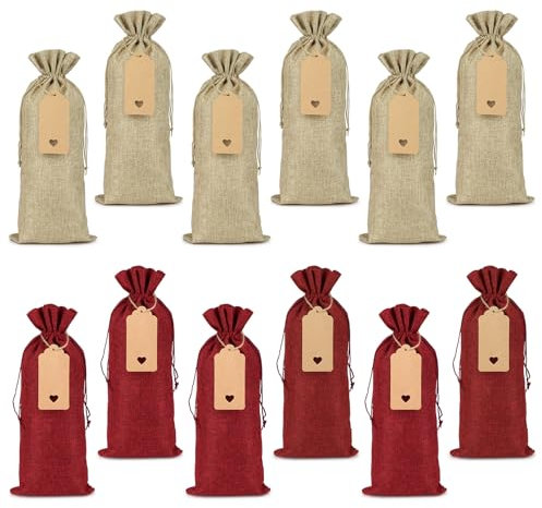 Deepton 12 Stück Weinbeutel Weihnachten, Jute Weinflaschen Tasche mit Etiketten, Geschenktüten Flaschen, Wiederverwendbare Xmas Flaschentüten Flaschenbeutel Taschen für Weihnachten Dinner Party