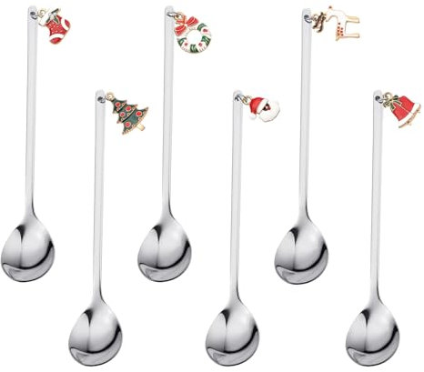 Weihnachtslöffel, 6-teiliges Weihnachts kaffee Löffel, mit Weihnachtsanhänger, Weihnachten Edelstahl Dessert Teelöffel,Dessertlöffel,mit Geschenkverpackung,für Teesuppe (Silber)