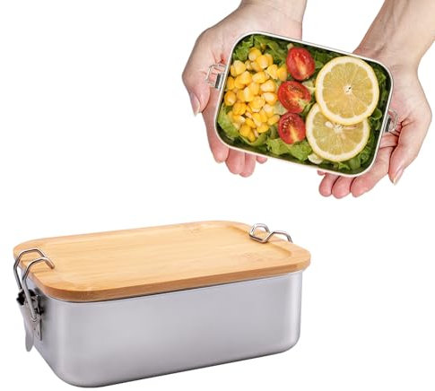 burkfeeg 850ml Bento Lunchbox Für Erwachsene/Kinder Edelstahl Brotdose Und Lunchbox Metalldose Mit Holzdeckel Jausenbox Edelstahl Für Kindergarten, Schule & Ausflüge