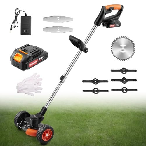 DKIEI 3-In-1 Cordless Strimmer, Garden Electric Grass Strimmer With Removable Wheels, Metal Blade & 24V Battery Weed Trimmer For Yard, Lightweight 3KG Garden Tools Adjustable Height Lawn Mowers