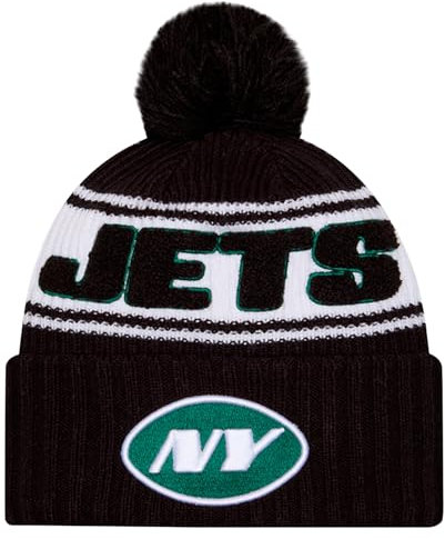 New Era Unisex-Erwachsene NFL Official Sideline Team Logo Sherpa Striped Pom Beanie Cold Weather Knit Hat, New York Jets – Schwarz, Einheitsgr��e