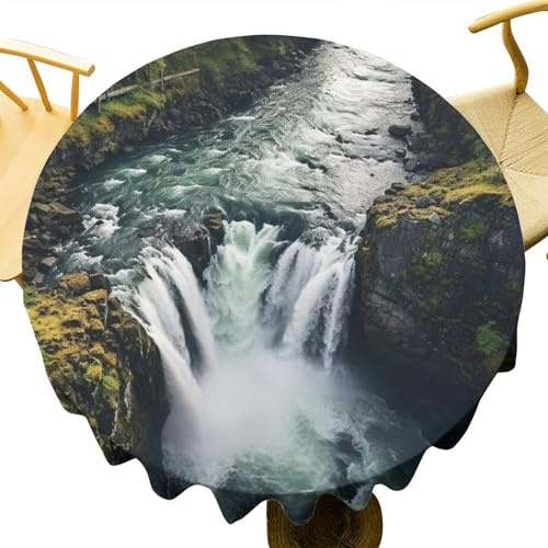 DEBAOKA Fantastische runde Tischdecke mit Wasserfall, modern, Fluss, Natur, Wald, wiederverwendbar, kreisförmig, hitzebeständig, schmutzabweisend, Tischdecke für Esszimmer, Küche, Innen- und