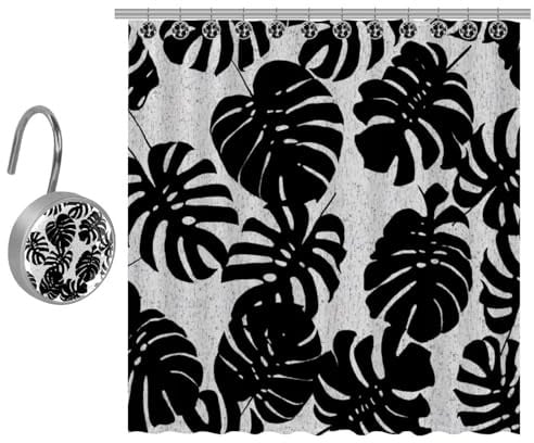 Eslifey Long rideau de douche de 91,4 x 183,9 cm avec 9 crochets, motif feuilles de palmier noir et blanc, ensemble de rideau de douche pour salle de bain