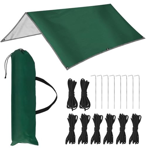 QWORK® Toldo Impermeable 300x300 cm, Toldo Ultraligera para Acampada y Deportes al Aire Libre, con 8 Clavijas y 8 Cuerdas