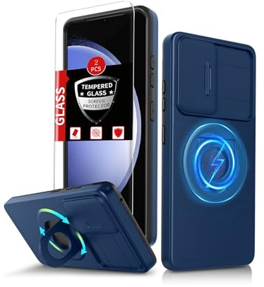 FRLMOOES for Samsung Galaxy S23 FE Case Magnetic Kickstand + Camera Cover | Compatible with MagSafe Wireless Charging,with 2 Screen Protector,Anti-Scratch Shockproof Heavy Duty Protection Phone,Blue