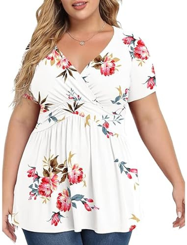 Tunique d'été à manches courtes pour femme, grandes tailles, col en V, confortable, ample, décontracté, taille L à 4XL
