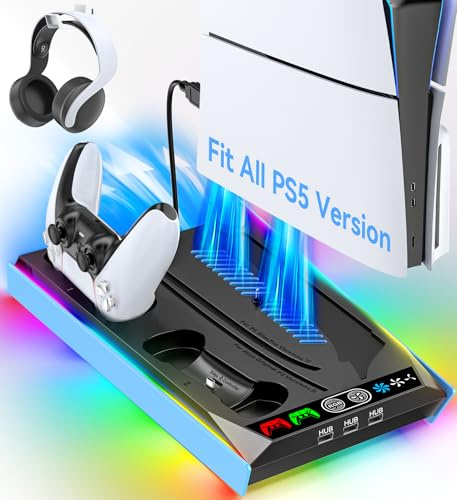 Rysker PS-5/Slim/Pro Ständer für Disc & Digital, PS-5 Kühlstation mit Dual-Controller-Ladegerät für PS-5-Konsole, 3-stufiger Lüfter PS-5 Controller-Ladeständer (Sternenlichtblau)