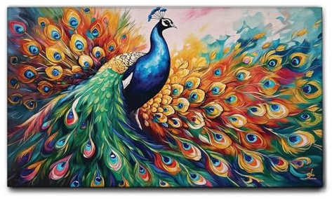 Giallobus - Gemälde - 62 - Majestätischer Pfau - Leinwand mit Standardrahmen - 100L x 60l cm - Bereit zum Aufhängen - Moderne Gemälde