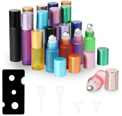 Zikenis 18 Stück Roll on Glasflaschen für Ätherisches Öl, Bunt Roll on Flasche Leer 10ml 5ml, Rollon Flaschen mit Edelstahl-Roller, Öffner, Trichter, Tropfer, für Ätherische Öle, Parfüm, Massage