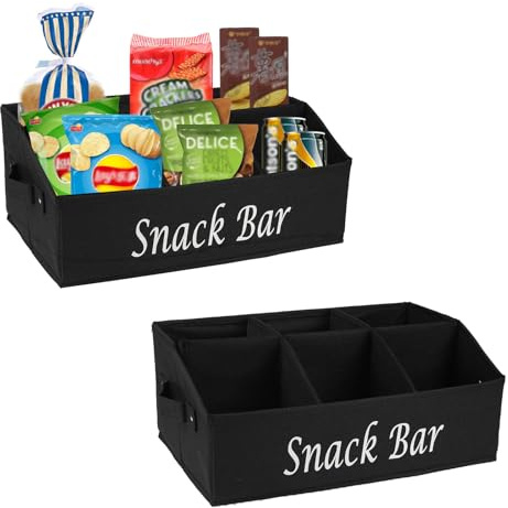 Xbopetda 2 Pack Snack Box Container, 6 Compartment Snack Tray with Handles, Food Storage Organizer Bins, Trapezoid Storage Basket for Chips Candy Snacks, Snack Bar Organizer for Pantry Storage, Black