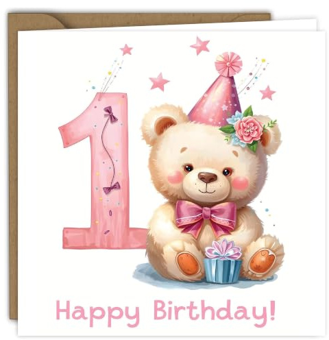 Glückwunschkarte zum 1 Geburtstag für Mädchen mit Umschlag – Süßer Bär mit Bunten Luftballons – Happy Birthday Karte für Kleinkind – Klappkarte 15x15 cm Innenseite Blanko Kindergeburtstagskarte