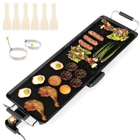 COSTWAY Electric Teppanyaki Table Grill, 1800W BBQ Griddle with Adjustable Temperature, Nonstick Surface, Drip Tray, 6 Wooden Spatulas & 2 Egg Rings (83 x 24cm, Stamping Aluminum)