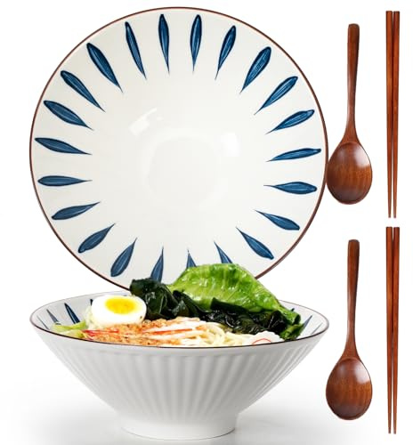 TuYines 2pcs Ceramic Ramen Bowls, 1000 ml Ramen Bowl Set of 2, Japanese Ceramic Bowl, Ramen Bowls with Spoon & Chopsticks, SaladBowl (Thousand-Leaf Grass)