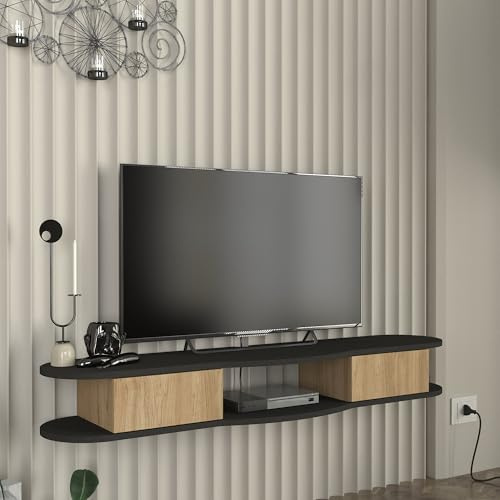 [en.casa] TV Lowboard Nyskiri TV Schrank hängend Fernsehschrank 150 x 35 x 19 cm TV Board mit 2 Klappenfächern und 1 offenen Fach Fernsehtisch Anthrazit/Eicheoptik