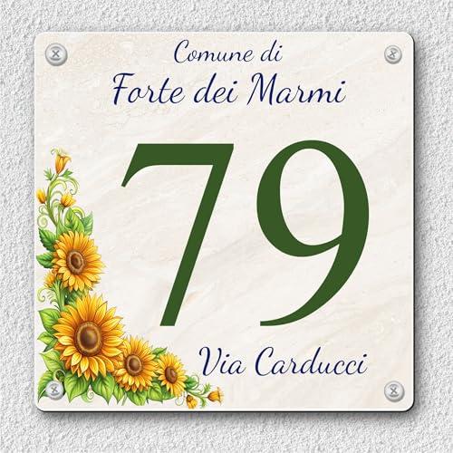 Pubblimania NUMERO CIVICO personalizzato Stile Maiolica modello Sorrento in alluminio rinforzato stampato (Girasoli)