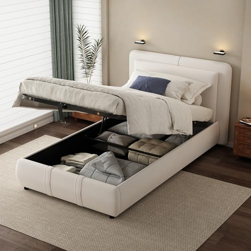 Miyemo Single Bed Frame with Storage, 3ft Upholstered Ottoman Bed Frame with Headboard & Hydraulic, Removable Soft Headboard Backrest, Velvet + Plywood, 90 * 190cm, Beige, (No Mattress)