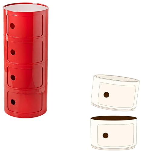 Round Nightstand with Drawer, Round Side Table with Storage for Bathroom, Unique Plastic Bedside/End Table, Modern Side Cabinet for Living Room Bedroom(Red,4 Tier)