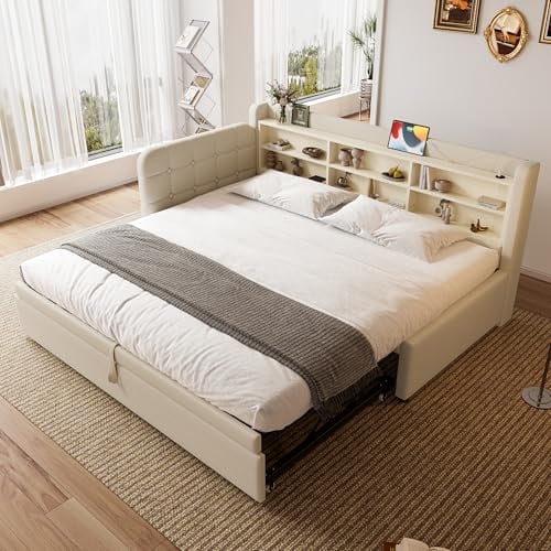 Zravenna Schlafsofa Polsterbett 90x200 mit Ausziehbett gleiche höhe und mehrere Ablageflächen, Einzelbett ausziehbar zum Doppelbett, Daybed mit Lattenrost, Leinen (C-Beige, 90cm*200cm)