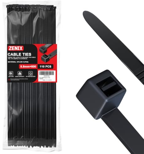 ZENIX Cable Ties, Black, 9 mm × 600 mm, Pack of 110: UV-Resistant, Extra-Long Cable Ties, Black. 80 kg Tensile Strength.Suitable for Indoor and Outdoor use, as Well as in the Home and Office.
