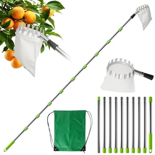4.2M Cueille Fruit Telescopique, Cueilleur de Fruits con Sac en Coton, Ramasse Fruits Telescopique Ø 160mm Outil Cueillette Jardin pour Cerise, Pomme, Citron, Orange
