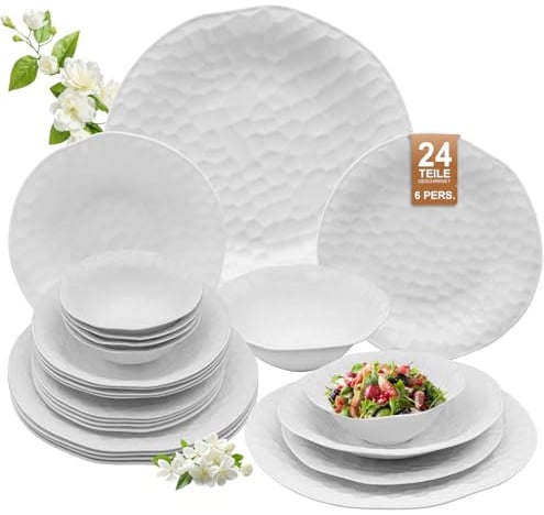 LB LICHTENBERG Geschirrset 24-teilig für 6 Personen, Porzellan,Gitterförmig | Dinner set, Tafelservice, Je 6 Speiseteller, Dessertteller, Müslischalen, Salatschüssel, Teller set, Kombiservice 6 personen
