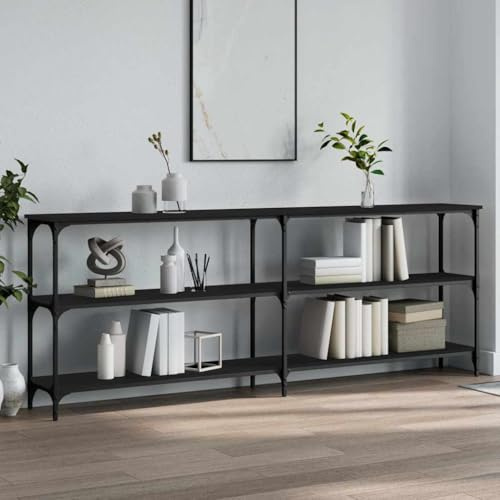 IBUQDDV Table console noire 200 x 29 x 75 cm en bois avec cadre en métal et six pieds réglables pour couloir ou salon, design durable avec beaucoup d'espace de rangement