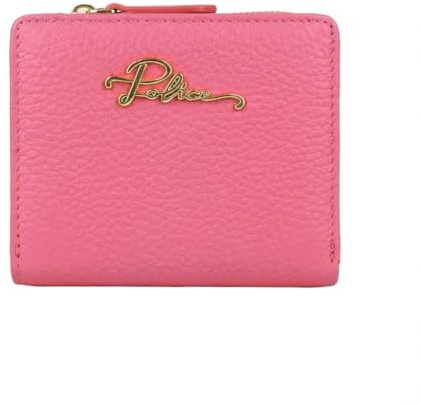 Police Billetera Mujer de Cuero Genuino, Cartera Compacta Fucsia con Monedero Cremallera y Cierre de Botón. Caja Regalo.