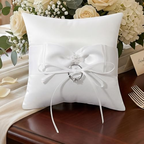 Nogeqi Ring Bearer Pillow, Ribbon Ring Pillow for Ring Bearer, Pearl Wedding Ring Pillows with Bowknot for Ceremony Wedding Party Anniversary