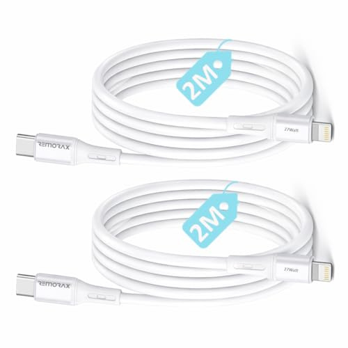 REMORAX USB C to Lightning Cable 2Pc X 2M, 27W Fast Charging PD, compatible with iPhone 14/13/12/11/Pro/Max, iPad – Durable & Tangle-Free, White, Wahoo (2Pc x 2M White)