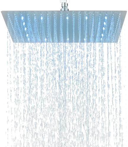 Soffione doccia a pioggia a LED, 16 pollici, in acciaio inox, con ugelli autopulenti, soffione a pioggia, quadrato, cromato (40 cm)