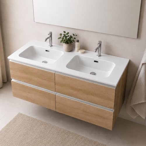 Lavabo Doppio Da Appoggio 120 Cm In Ceramica Bianca – Doppia Vasca Integrata, Lavabo Per Mobile Bagno 120 Cm, Design Moderno, Foro Rubinetto E Troppopieno