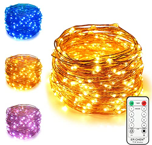 ErChen Strombetrieben Zweifarbige LED Lichterkette, 66 FT 20M 200 LEDs-Plug in 8 Modi Dimmbare Kupfer Draht-Lichterketten mit Fernbedienung Timer für Innen Außen Weihnachten (Blau, Warmweiß)