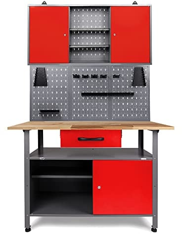Ondis24 Werkstatteinrichtung Klaus, Metall, 1 Werkstattschrank, Lochwand, Hakensortiment (Arbeitshöhe 85 cm, Rot)