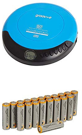 Groov-e Retro Personal CD Player with 20 Track Programmable Memory, LCD Display, Anti-Skip Protection and Earphones Included - Blue with Amazon Basics Batteries