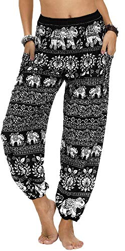 Nuofengkudu Damen Hippie Hosen mit Taschen Haremshosen Leichte Boho Muster Bunt High Waist Yogahosen Sommer Lockere Umstandshose Freizeithose (Schwarzer Elefant,One Size)
