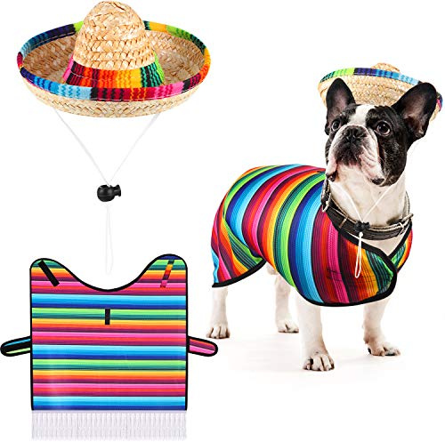 Frienda Mexican Dog Poncho Sombrero Hat Costume Multicolor Adjustable Straw Hat Clothes for Mexican Party Decorations (Medium)