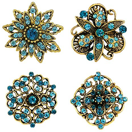 Lot de 4 broches vintage en forme de fleur dorée et bleue avec strass pour châle, accessoire de fête de mariage