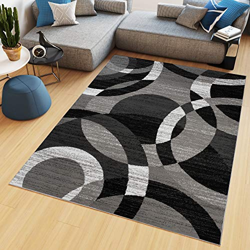 TAPISO Maya Teppich Kurzflor Modern Kreise Streifen Design Schwarz Grau Weiß Meliert Wohnzimmer Schlafzimmer Büro ÖKOTEX 160 x 220 cm