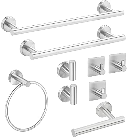 Badezimmer-Zubehör-Set, 9-teilig, gebürstetes Nickel, Wandhalterung, inklusive Handtuchstange, Toilettenpapierhalter, Handtuchring, 5 Haken, SUS304 Edelstahl, robust