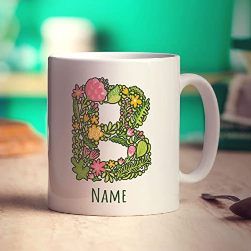 Printster Personalised Flower Initial Mug - Add Any Name - Gift for Birthday-B - 11oz Ceramic Cup
