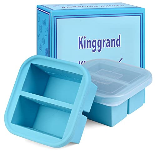 Kinggrand Kitchen Bandeja de silicona para congelador de 1 taza con tapa, paquete de 2 moldes para congelador de sopa, recipiente de congelación de alimentos para hacer 4 sopas perfectas, caldos,