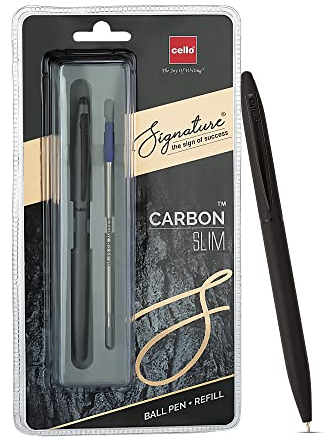 Cello Signature Carbon Slim + Nachfüllpackung, blaue Tinte, 1 Kugelschreiber + 1 Mine, mattschwarzes Finish, Premium-Metallstifte für den Bürogebrauch, stilvolle Geschenke für Männer und Frauen,