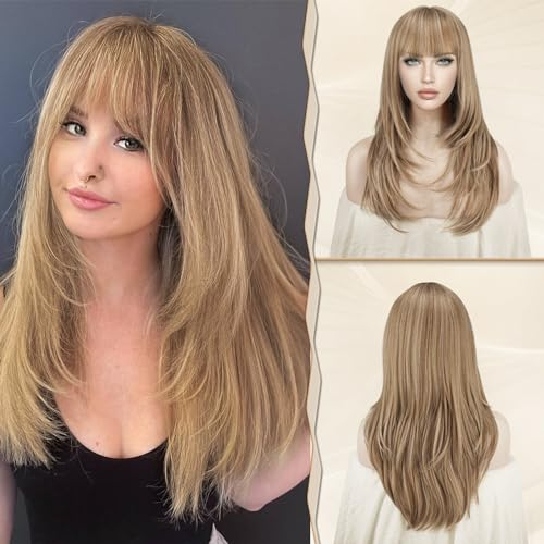 Sofeiyan Perücke mit Bangs für Frauen Blond Lang Geschichtige Perücken mit Pony Synthetisches Hitzebeständige NatÜRlich Wllig Faser Haar Lange Gerade Perücken mit Fransen für Halloween Party-60cm