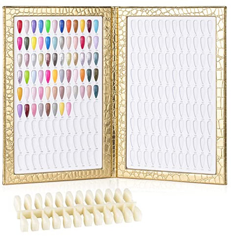 BNG Nail Colour Display Book 216 Colors Nails Art Card Chart with 240 Pcs False Nails Tips, Leather Book For Salon Gel Polish Sample Showing Tools, Gold